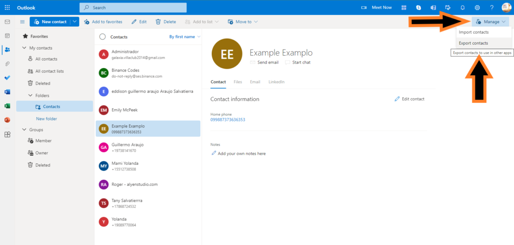 outlook mail export contacts