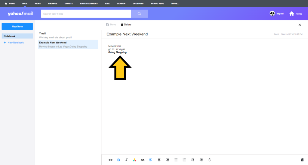 yahoo mail notepad create notes